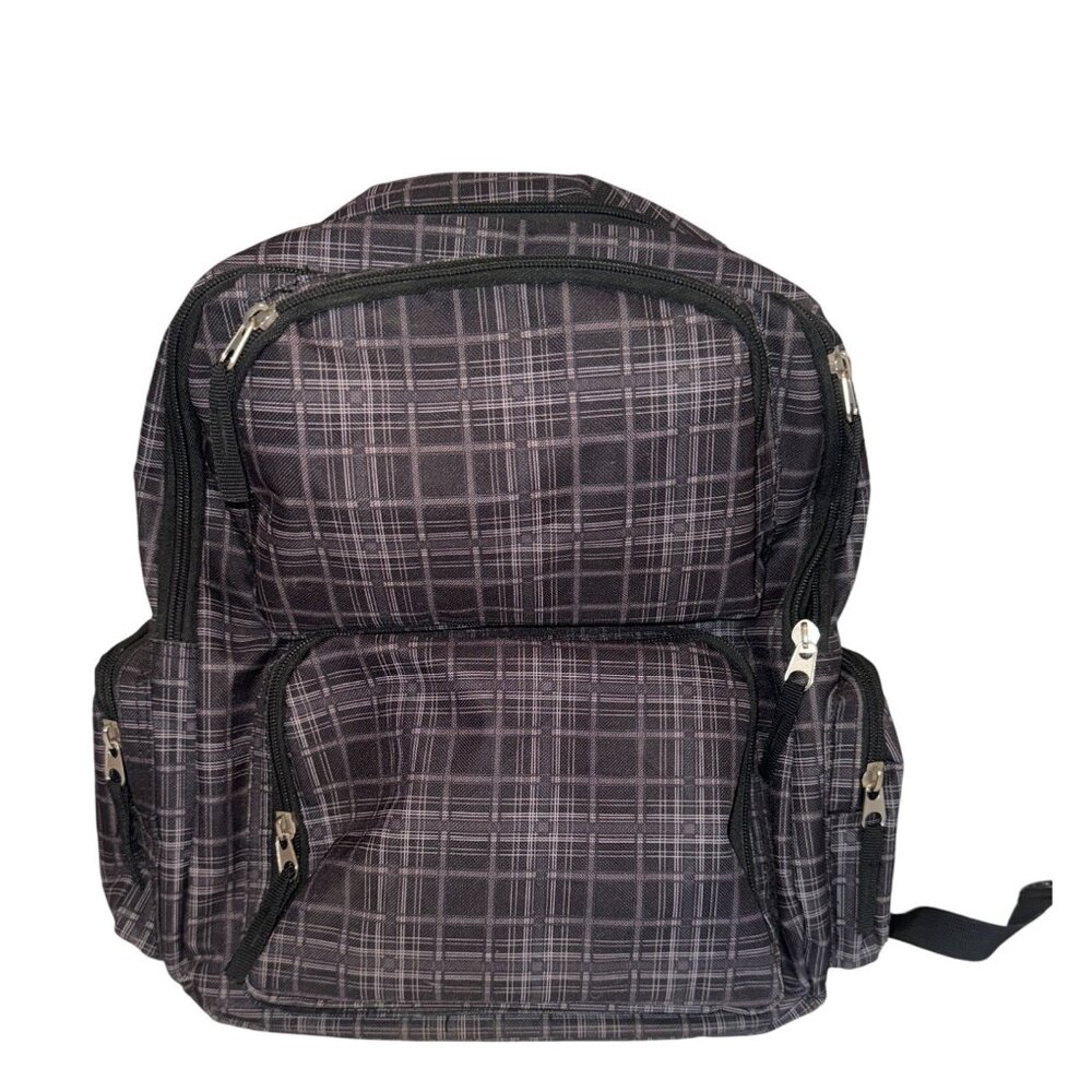 Black Rivet Mens Backpack Plaid Nylon Pockets Zip Modern City Classic *Tiny Flaw